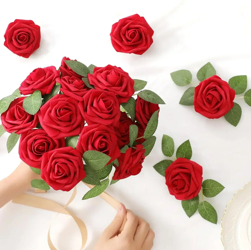 50/5Pcs Artificial Roses Flowers Foam Fake Rose Heads With Stems For DIY Wedding Bouquets Home Party Tables Decorations Supplies