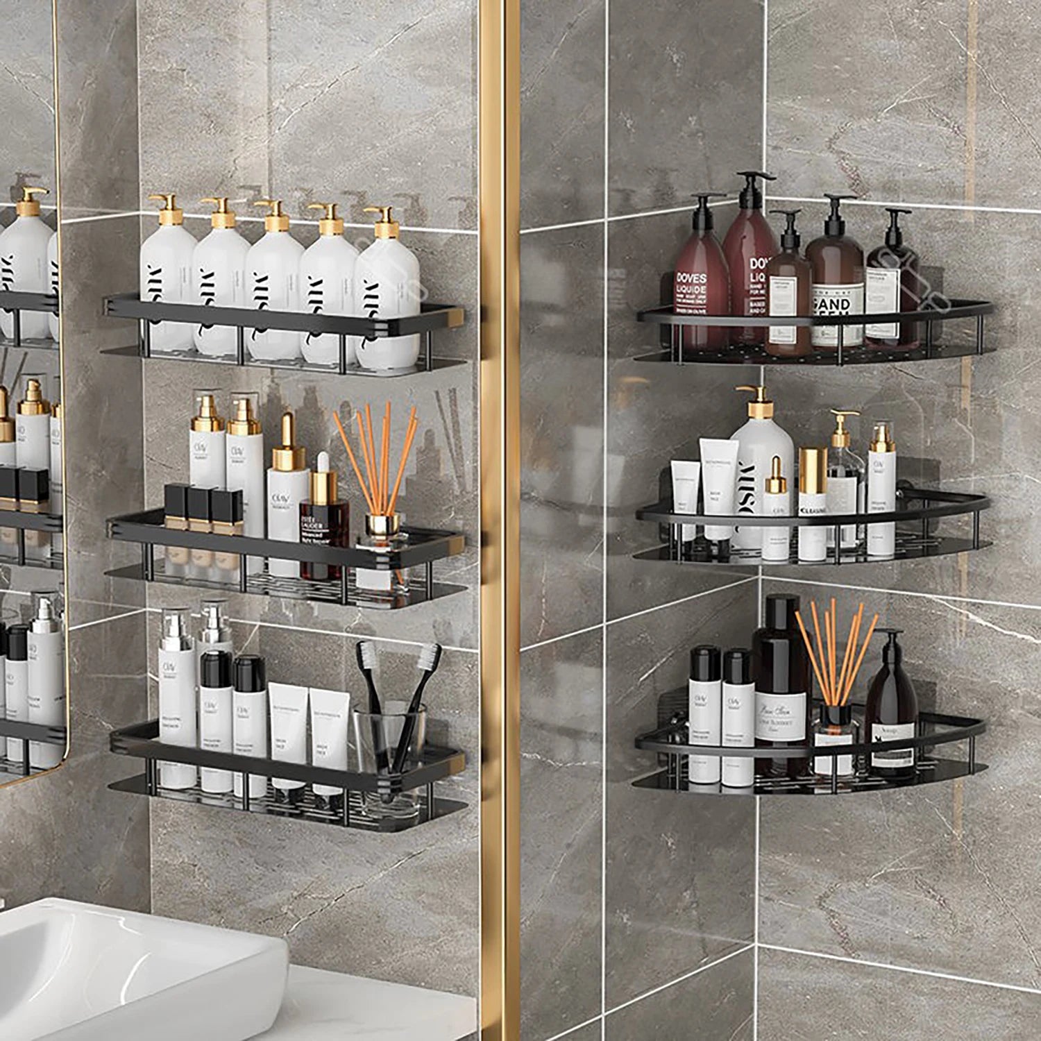 Kitchen wall mounted corner rectangular rack towel rack wall shower shampoo rack drilling-free rack tripod