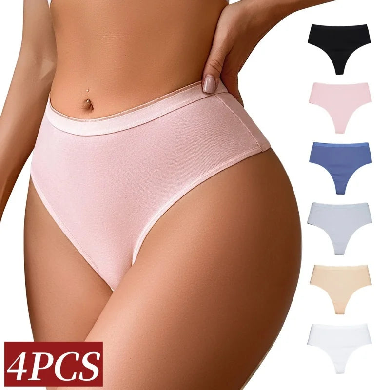 4Pcs/Set Women Cotton Panties Sexy High-Waist Sport Thongs 6 Soild Colours Breathable G-strings Summer Sexy Lingerie