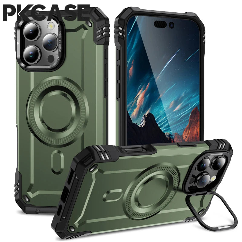 PKCASE Military Shockproof Bracket Case For iPhone 16 15 14 Plus Pro Max For Magsafe Magnetic Armor Cover