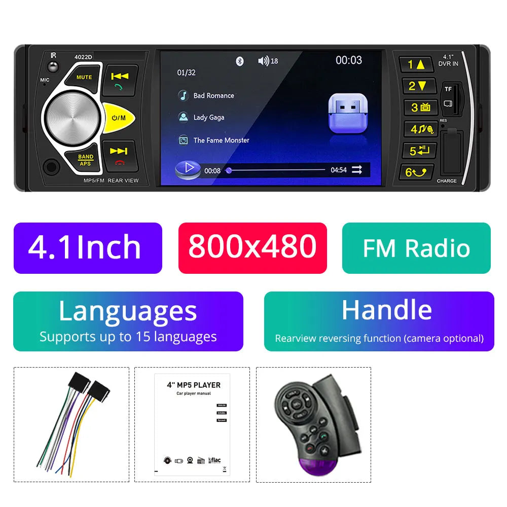 4.1" HD IPS screen car Radio MP5 player smart BT FM USB AUX car radio Hands-free colorful lights Video output Vehicle player 12V