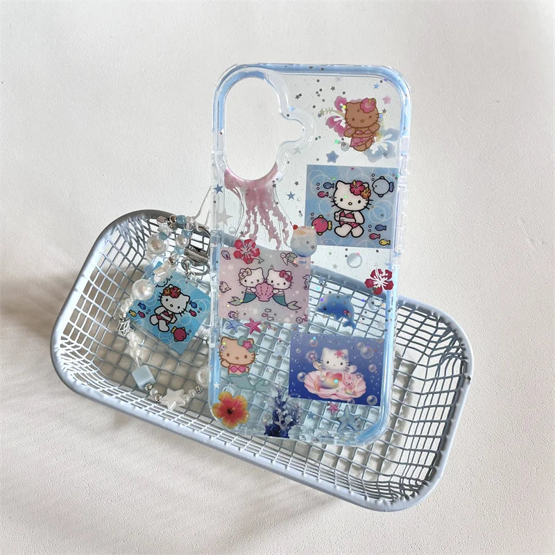 Korean Blue Ocean Hello Kitty Pattern Beach Phone Case For iPhone 11 12 13 14 15 16 Pro Max XS XR X 7 8 Plus Silicone Soft Cover
