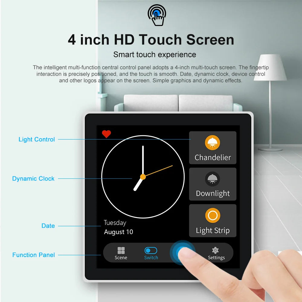 FUERS 4 Inch Touch Screen Multi-functional Smart Wall Switch T3E Switch Scene Panel Intelligent Home Touch Screen Zigbee
