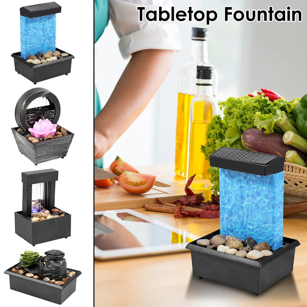 Tabletop Fountain with Light Battery/USB Operated Mini Desktop Waterfall Decoration Creative Flowing Water Fountain Ornaments