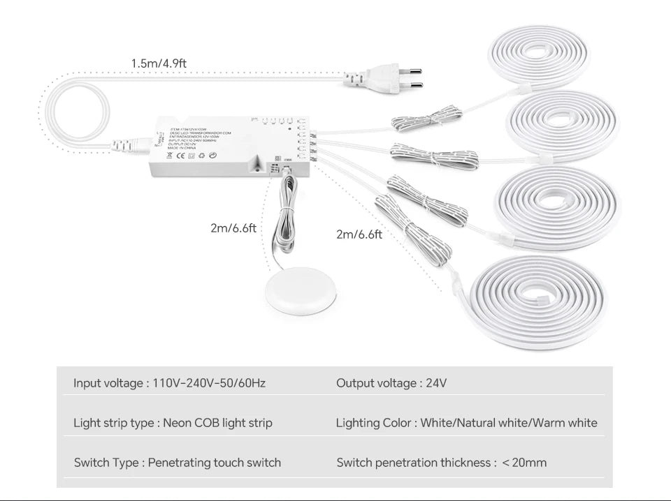 COB Neon Strip Under Cabinet Led Lights Penetrable Wood Dimmable Touch Sensor Wall Lamp,Kitchen Storage Cabinet Lighting Decor