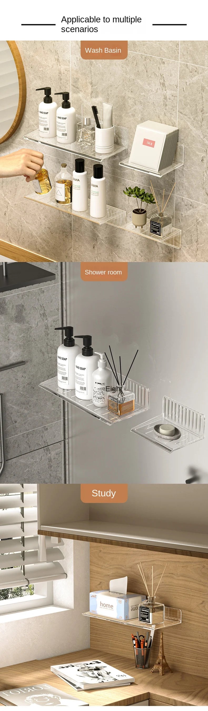 Wall-mounted Storage Rack for Bathroom, Punch-free, Household, Toiletry, Table, Cosmetic, Makeup, Rack, #3478