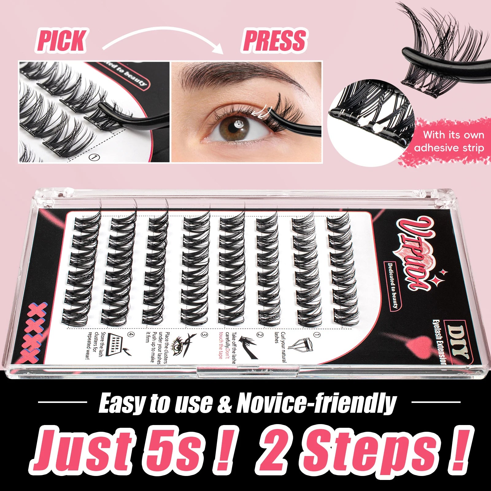 Vipuda Self Adhesive Cluster Lashes Press on No Glue Needed Segmented Eyelashes Reusable DIY Individual Eyelash Extension