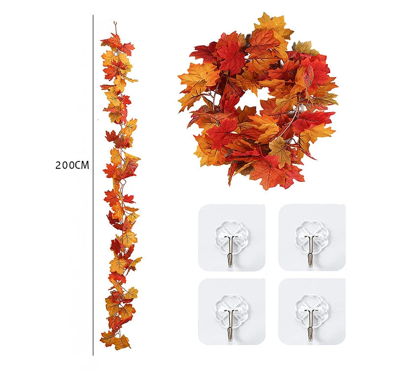 2M Artificial Maple Leaf Garland Autumn Leaves Fake Plant Vine for Fall Festival Wedding Halloween Thanksgiving Room Table Decor