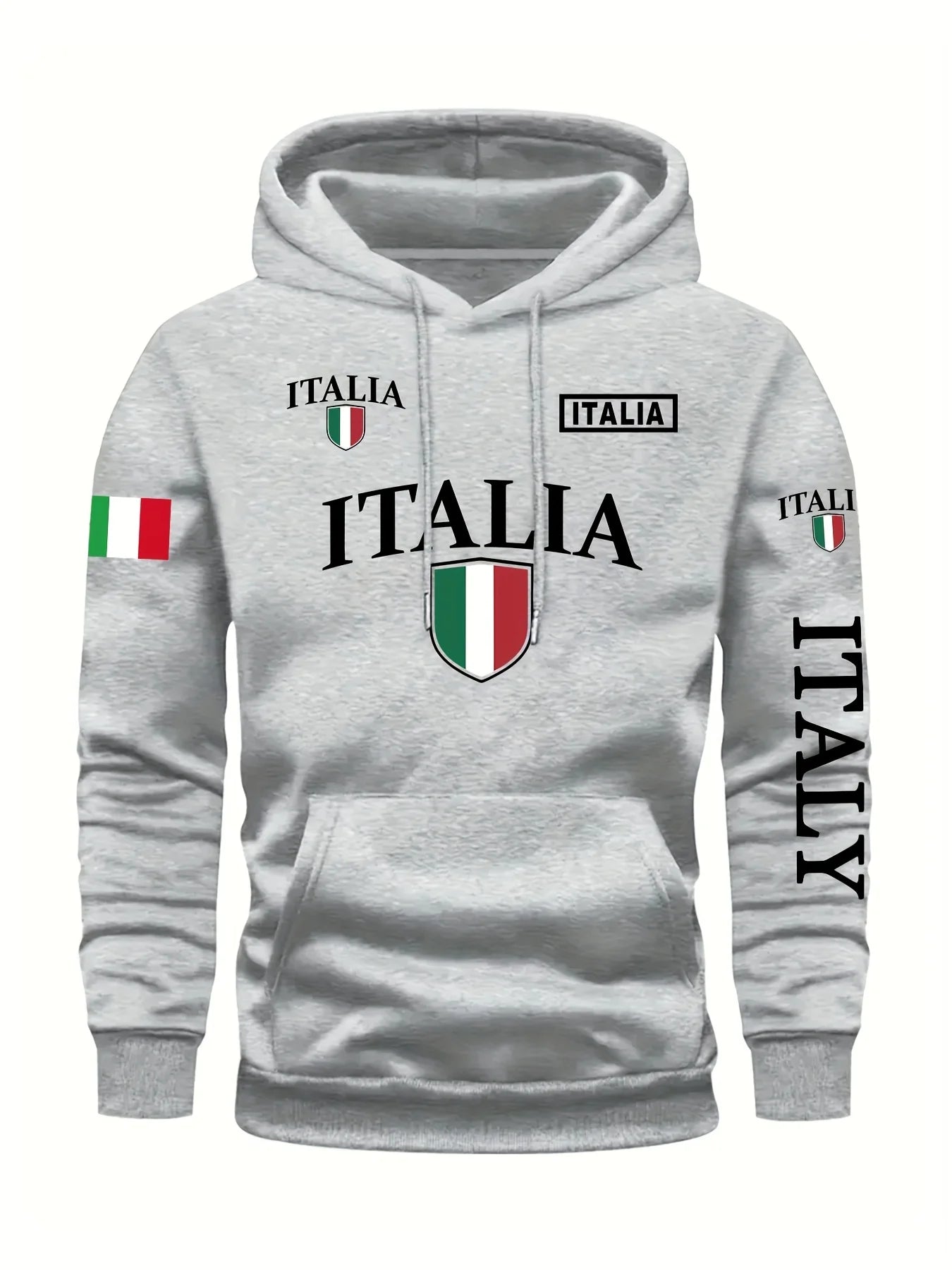 Men's Italy Flag Shield Bold ITALY Letter Print Hoodie Grey Casual Pullover Front Pocket Ribbed Cuffs Comfort Fit Urban Fashion