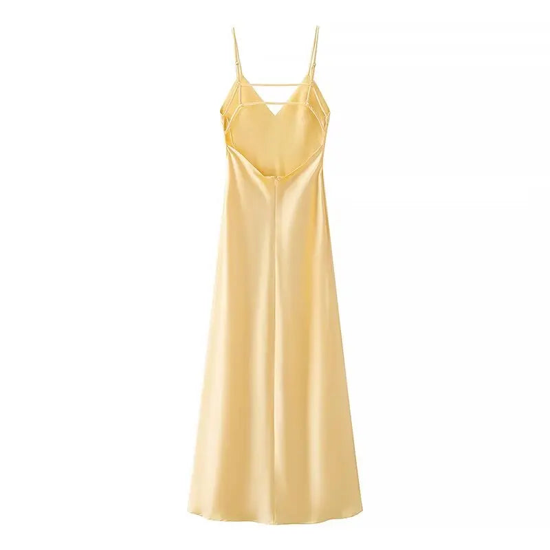 HH Women Summer Yellow Stain V Neck Sling Dress Elegant Sleeveless Loose Maxi Robes 2025 New Ladies Party Holiday Dresses