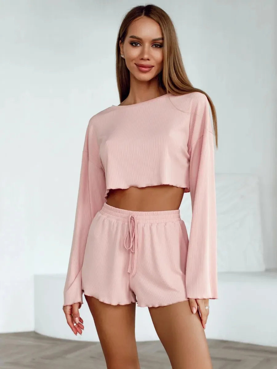 Women's Pajamas Long-sleeved Navel Leakage Top Shorts Set Knitted Fabric Comfortable Soft Breathable Fashion Simple Homewear