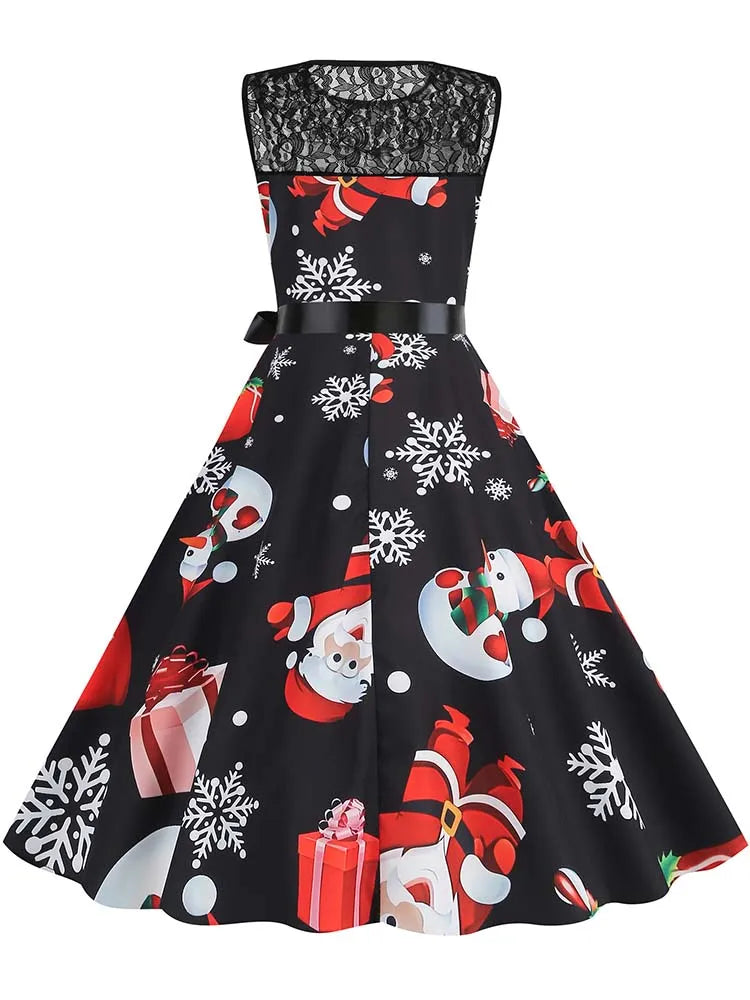 Christmas Dress Women Vintage 50s Lace Sleeveless Print Party A Line Santa Claus Sundress Runway Midi Pinup Flare Dresses