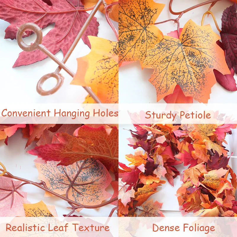 2M Artificial Maple Leaf Garland Autumn Leaves Fake Plant Vine for Fall Festival Wedding Halloween Thanksgiving Room Table Decor