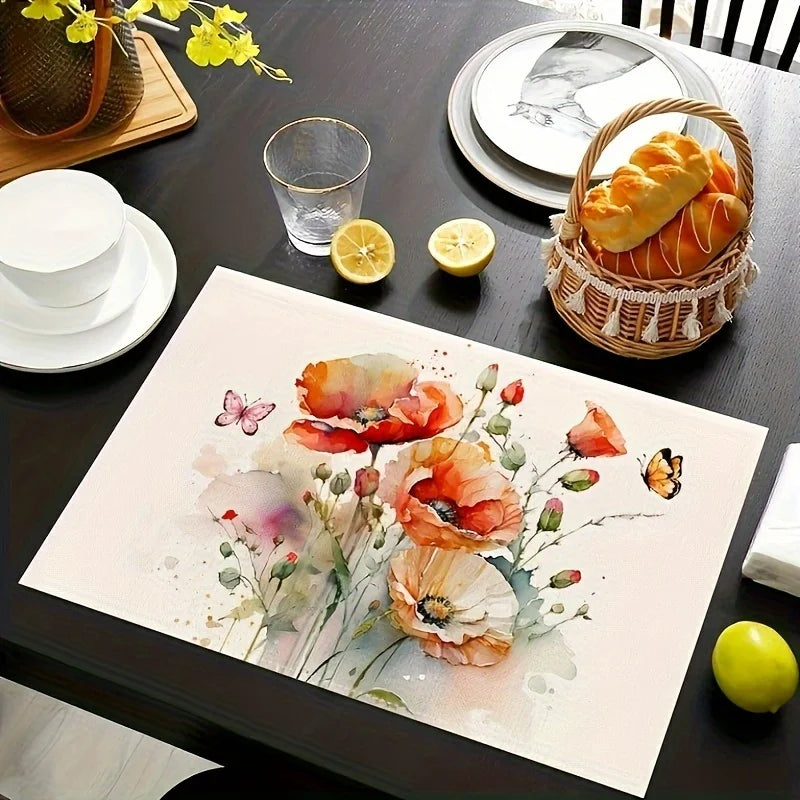 2pcs Spring Summer Placemats Spring Floral Watercolor Multicolor Placemats Decorative Linen Fabric Table Mat Dining Table Decor