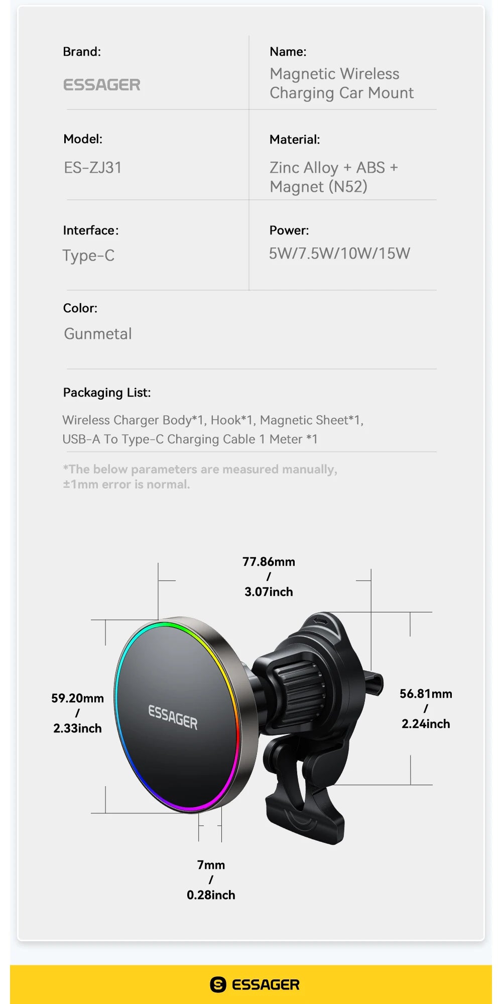 Essager RGB Magnetic Car Phone Holder Qi 15W Wireless Charger For iPhone16 15 14 13 Pro for Magsafe Universal Phone Holder Stand