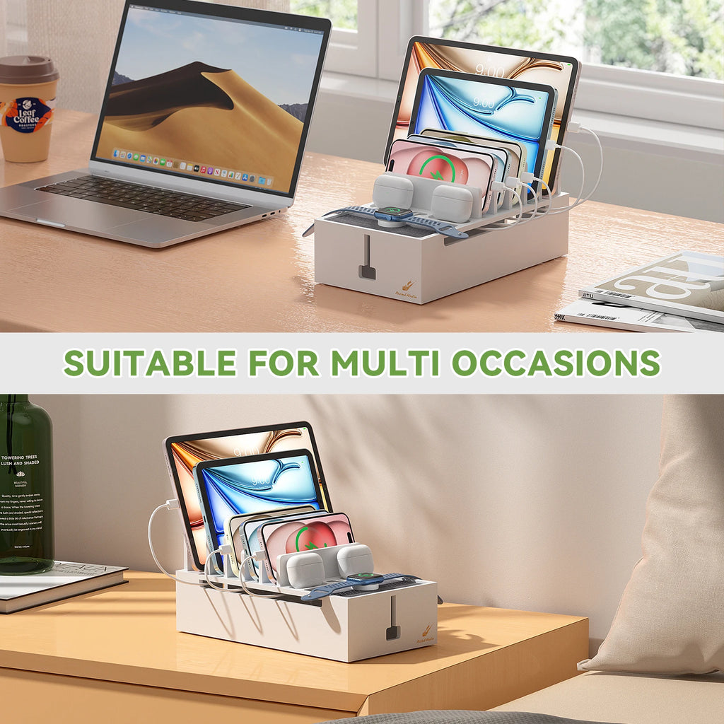 Bamboo Charging Station for Multiple Devices Charger Dock Holder Stand for Cell Phone and Tablet Electronic Devices Organizer