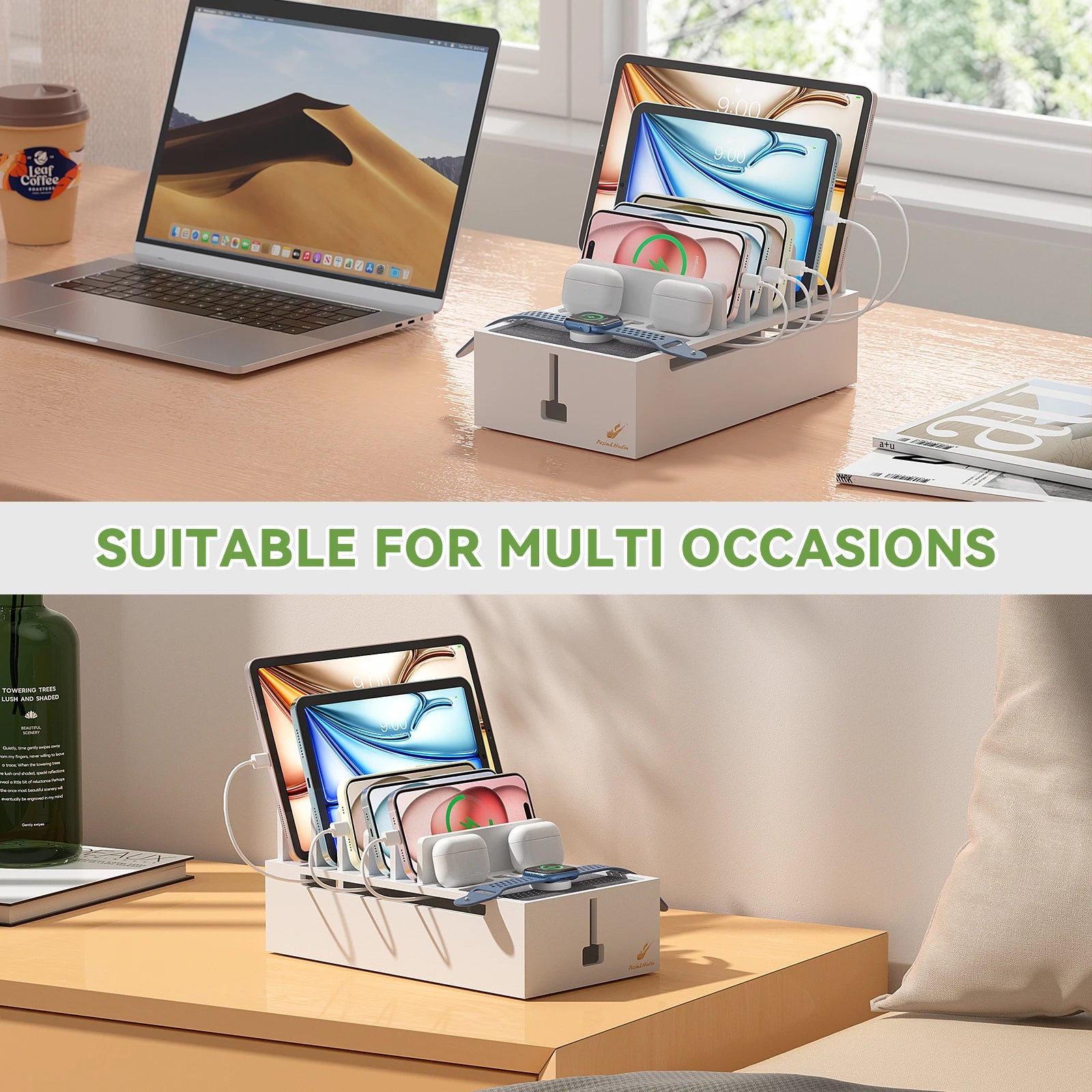 Bamboo Charging Station for Multiple Devices Charger Dock Holder Stand for Cell Phone and Tablet Electronic Devices Organizer