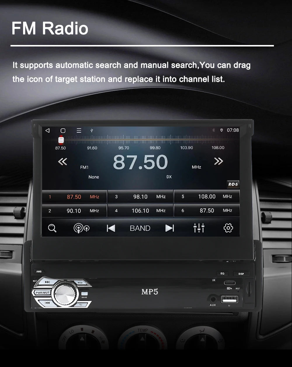 Universal 1 Din MP5 Player 7 Inch Carplay Android Auto Manual Automatic Retractable Touch Screen Car Player FM Radio Mirror Link