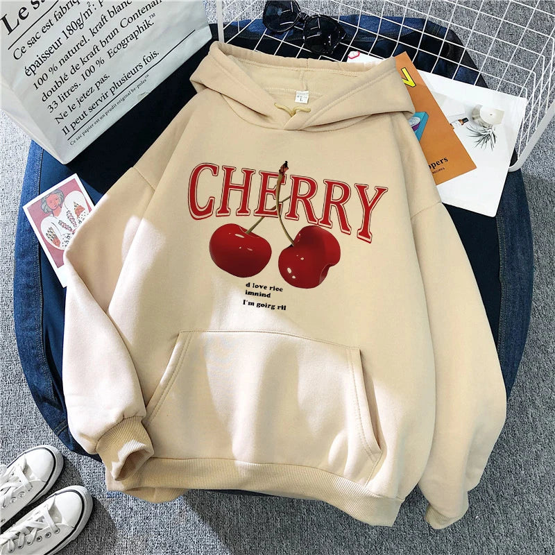 Girls 2000s Cherry Love Long Sleeve Pocket Hoodies Funny Gothic Sweatshirt  Women's Print Casual Hoody Streetwear Y2k Clothes