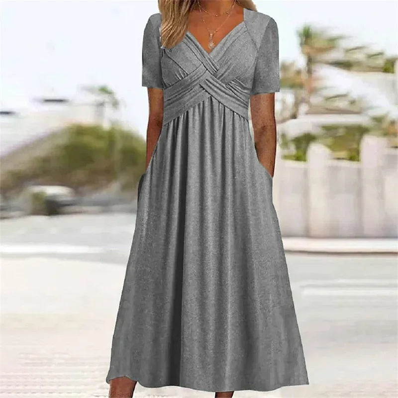 Elegant V Neck Crossover Wrap Bust Dresses Women Solid Color Short Sleeve Dress Summer Female Commuter Side Double Pockets Gown