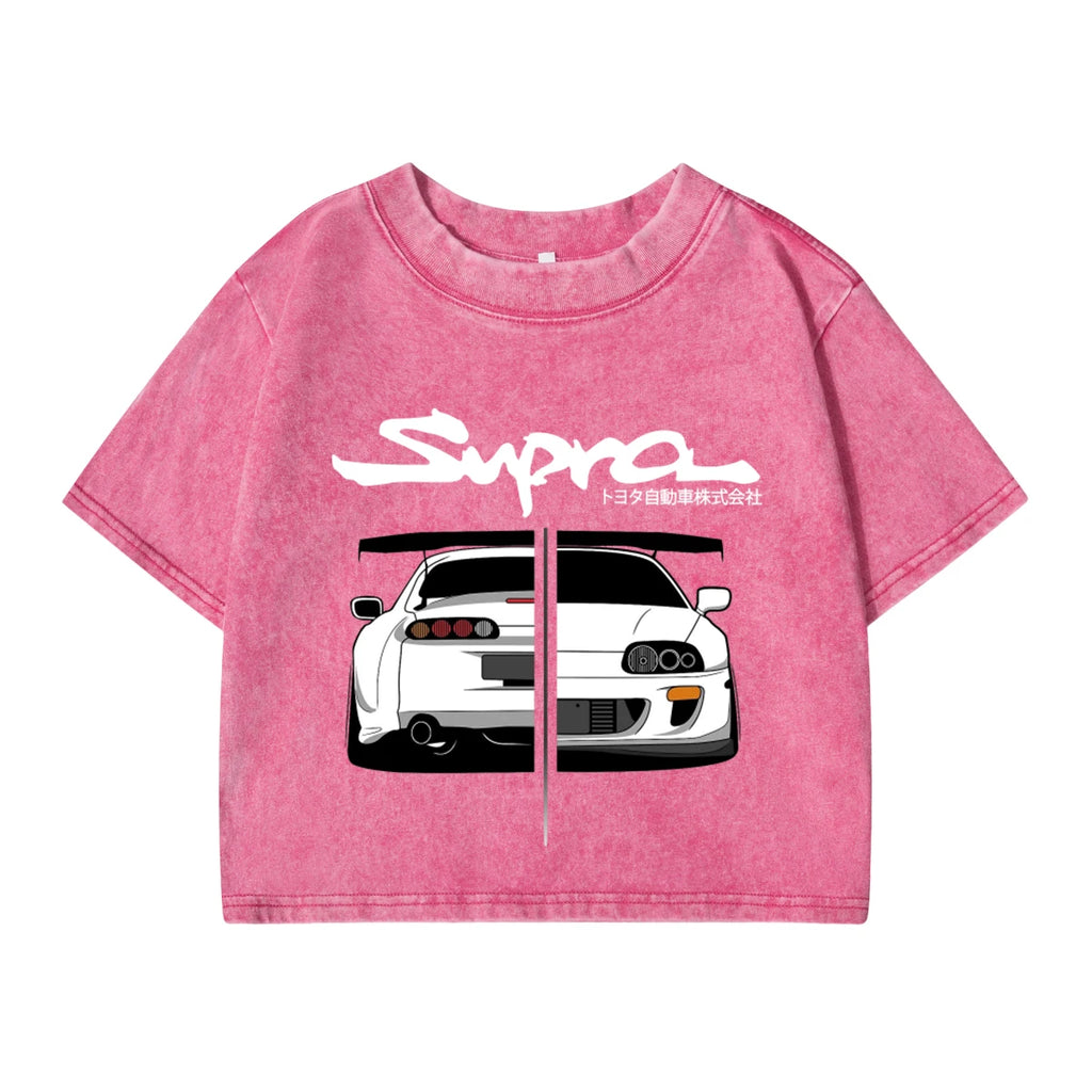 Woman Cotton Washed T-Shirts Street Regular O-Neck Crop Tees Japanese Style Cool Car Puzzle Print Short Sleeve Summer Clothes