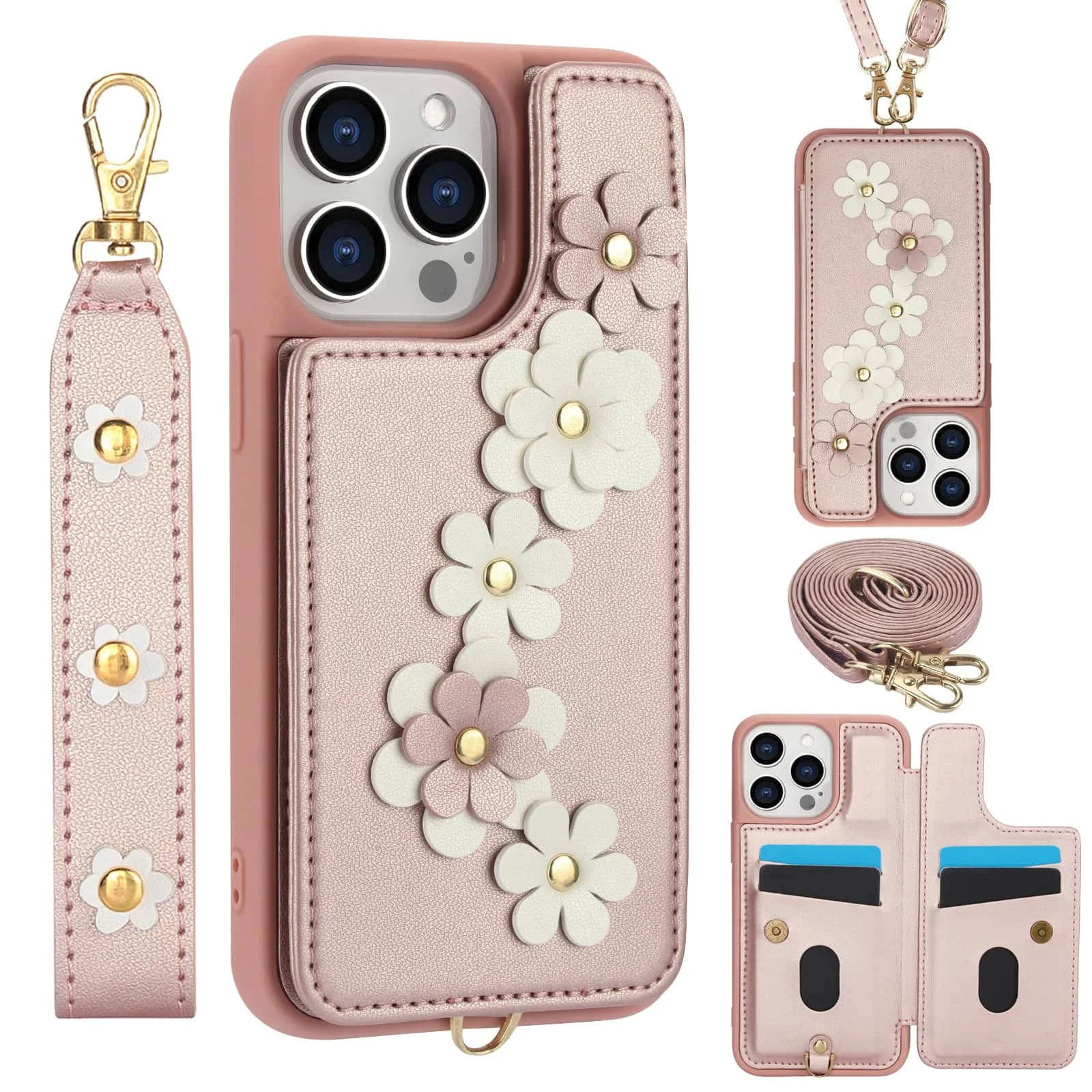 For iPhone 16 15 14 Pro Max Plus Case, Wallet with Card Holder, Cute Flower Design Crossbody Purse, Magnetic Kickstand Cover