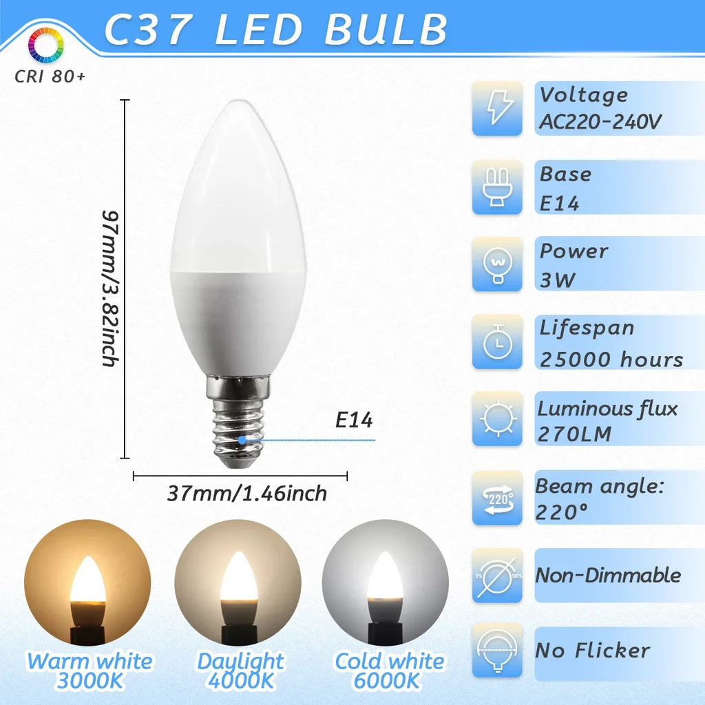 10PCS 3W 6W 9W LED Candle Bulb E14 LED Lamp Indoor Warm Cold White Light AC 220V 240V Led Light Bulb Home Decor Chandelier