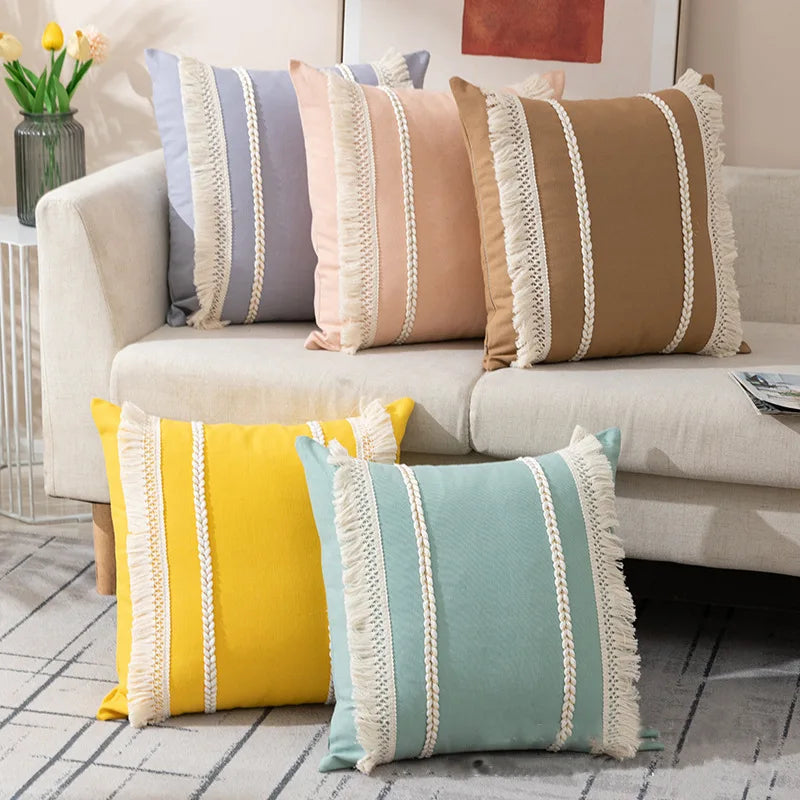 Bohemian Pillowcase Living Room Sofa Tassel Throw Pillow Case Macaron Knitted Home Decorative Cushion Waist Cover
