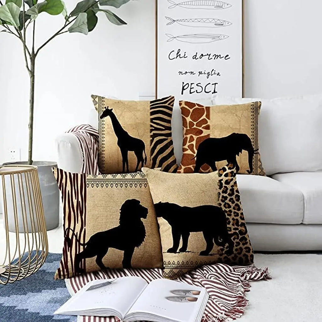 African Animal Outdoor Decorative Pillowcase 40*40cm Zebra Print and Leopard Print Linen Square Pad Set for Living Room Sofa