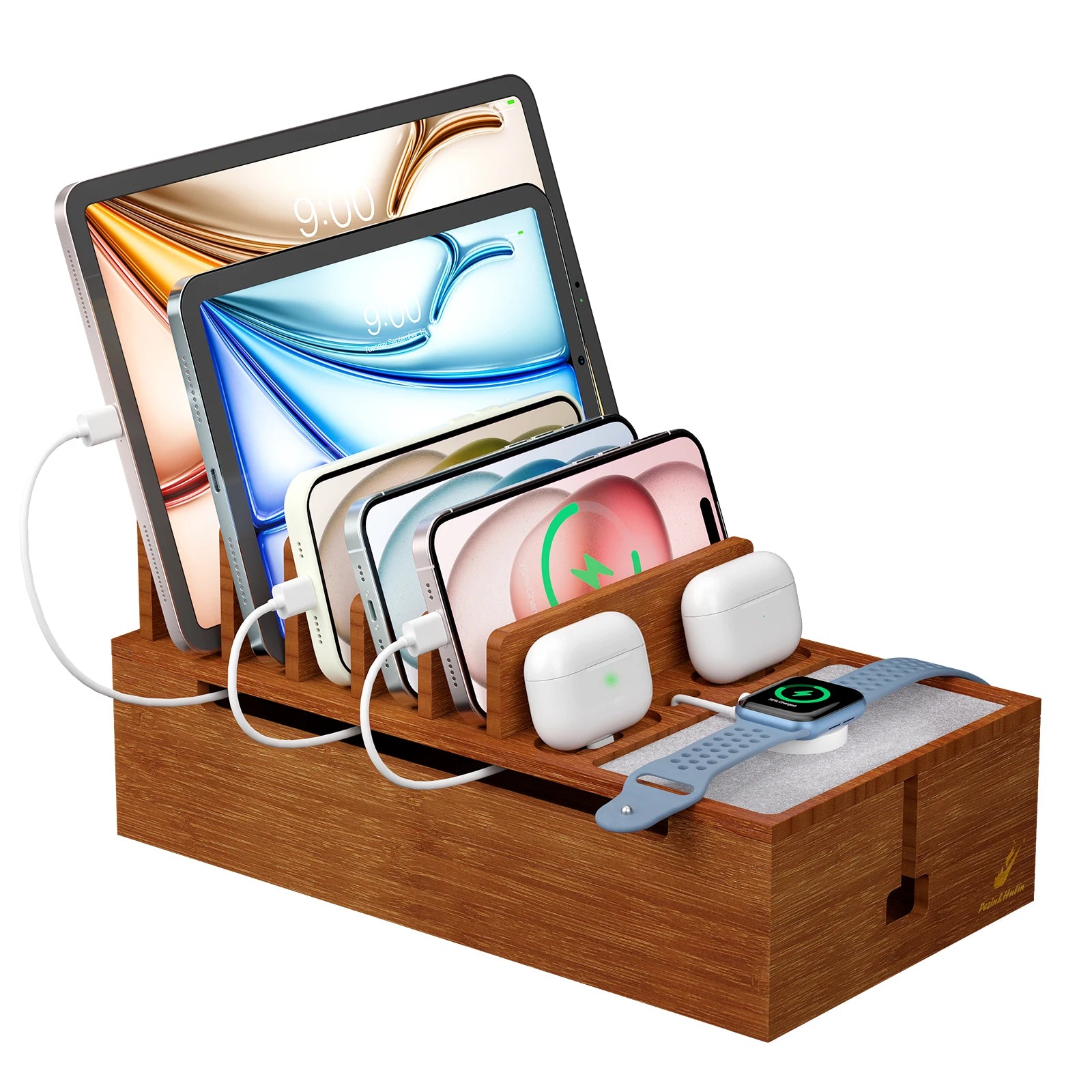 Bamboo Charging Station for Multiple Devices Charger Dock Holder Stand for Cell Phone and Tablet Electronic Devices Organizer