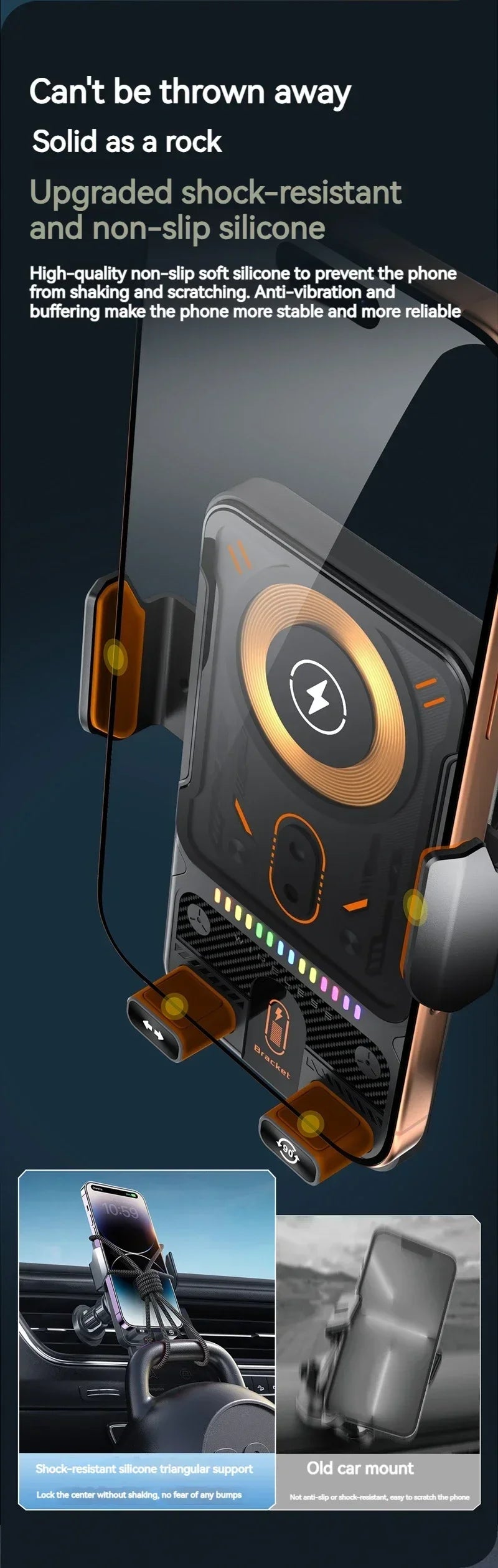 Auto-Clamping RGB Light Car Wireless Charger Phone Holder Stand Touching 360 Rotation Fast Charging Bracket For iPhone Samsung