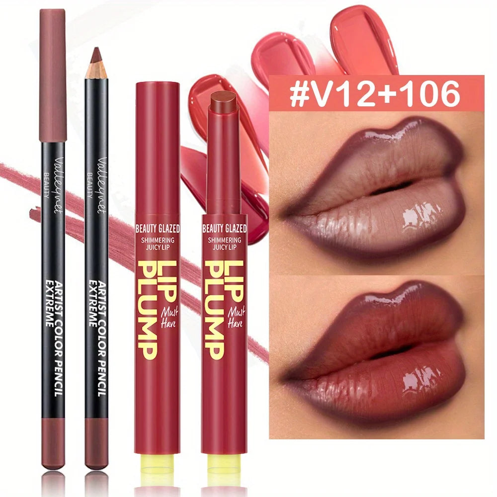 2 Pcs/Set Lip Combo Set Lipstick + Lip Liner Long Lasting Waterproof Easy To Apply Lipstick Set Glossy Lipstick Lip Makeup