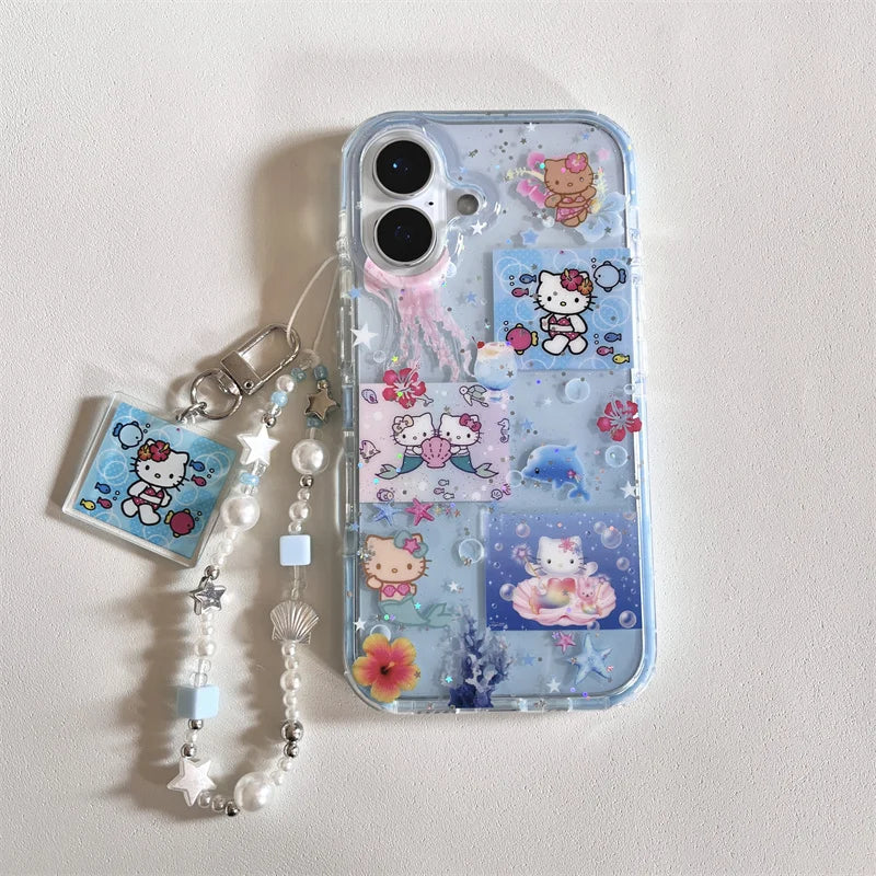 Korean Blue Ocean Hello Kitty Pattern Beach Phone Case For iPhone 11 12 13 14 15 16 Pro Max XS XR X 7 8 Plus Silicone Soft Cover