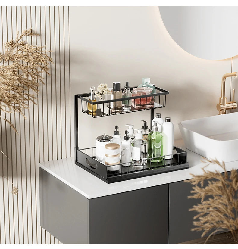 Under Sink 2 Tier Sliding Cabinet Basket Organizer Drawer Pull-Out Cabinet Organizer For Bathroom and Kitchen