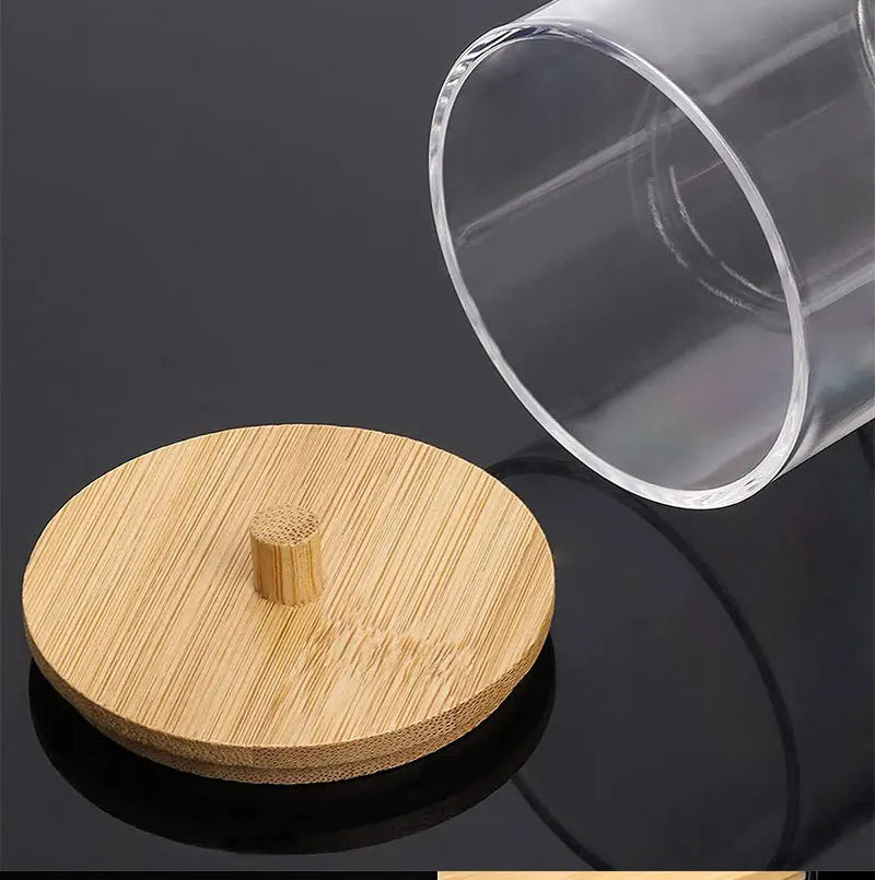 Acrylic Storage Box Bathroom Jar Makeup Organizer Cotton Round Pad Holder Cotton Holder Dispenser with Bamboo Lid Clear Plastic