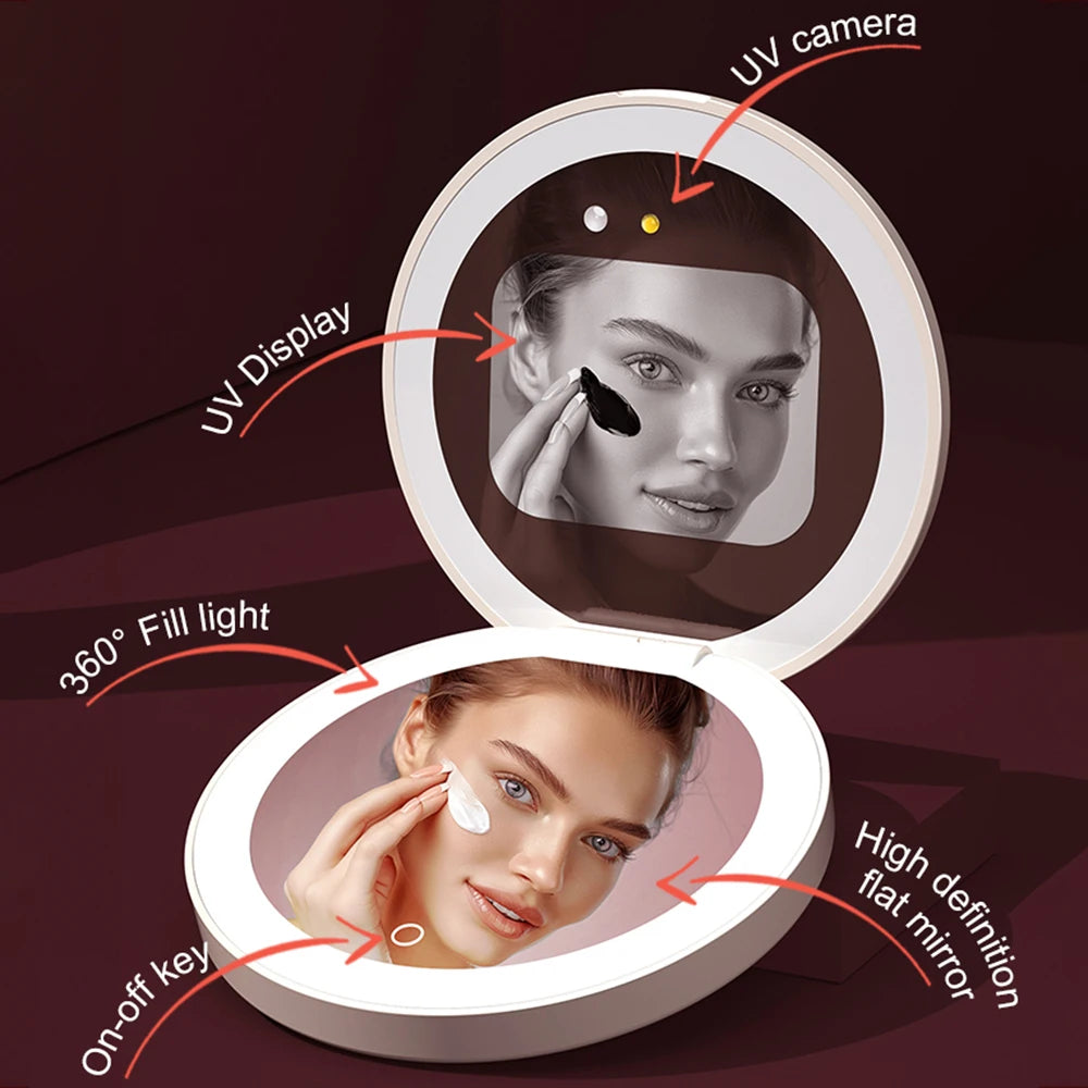 Mini Portable Makeup Mirror 2.8-Inch Display Smart LED Sunscreen Detection Compact Travel Size for Beauty On-the-Go