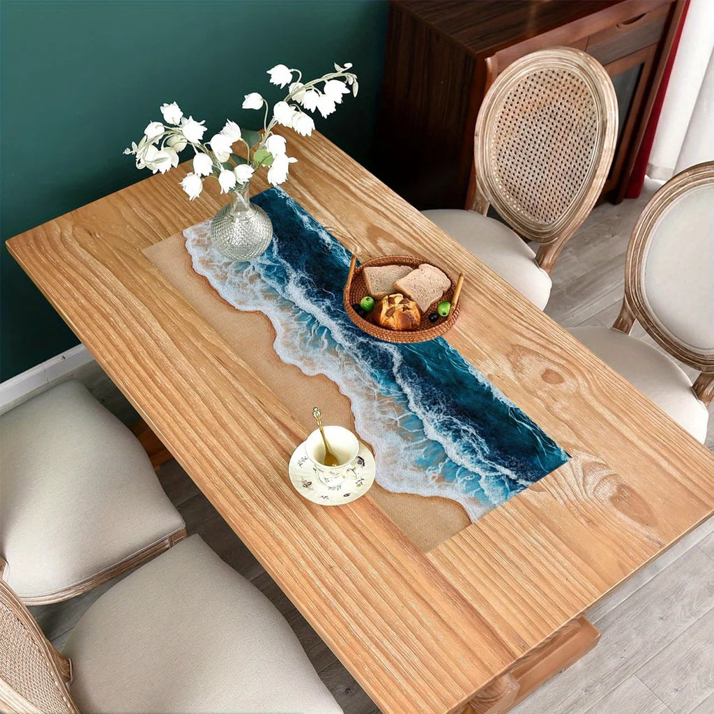 1 Piece Beach Theme Table Runner with Waves and Beach Patterns - Suitable for Home Decoration, Beach Party, Summer Party and Tropical Style Activities