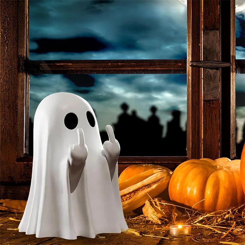 Cute Ghost Resin Statue Middle Finger Figurine Spooky Halloween Decor For Shelf Mantel Coffee Table Display Home Party Ornament