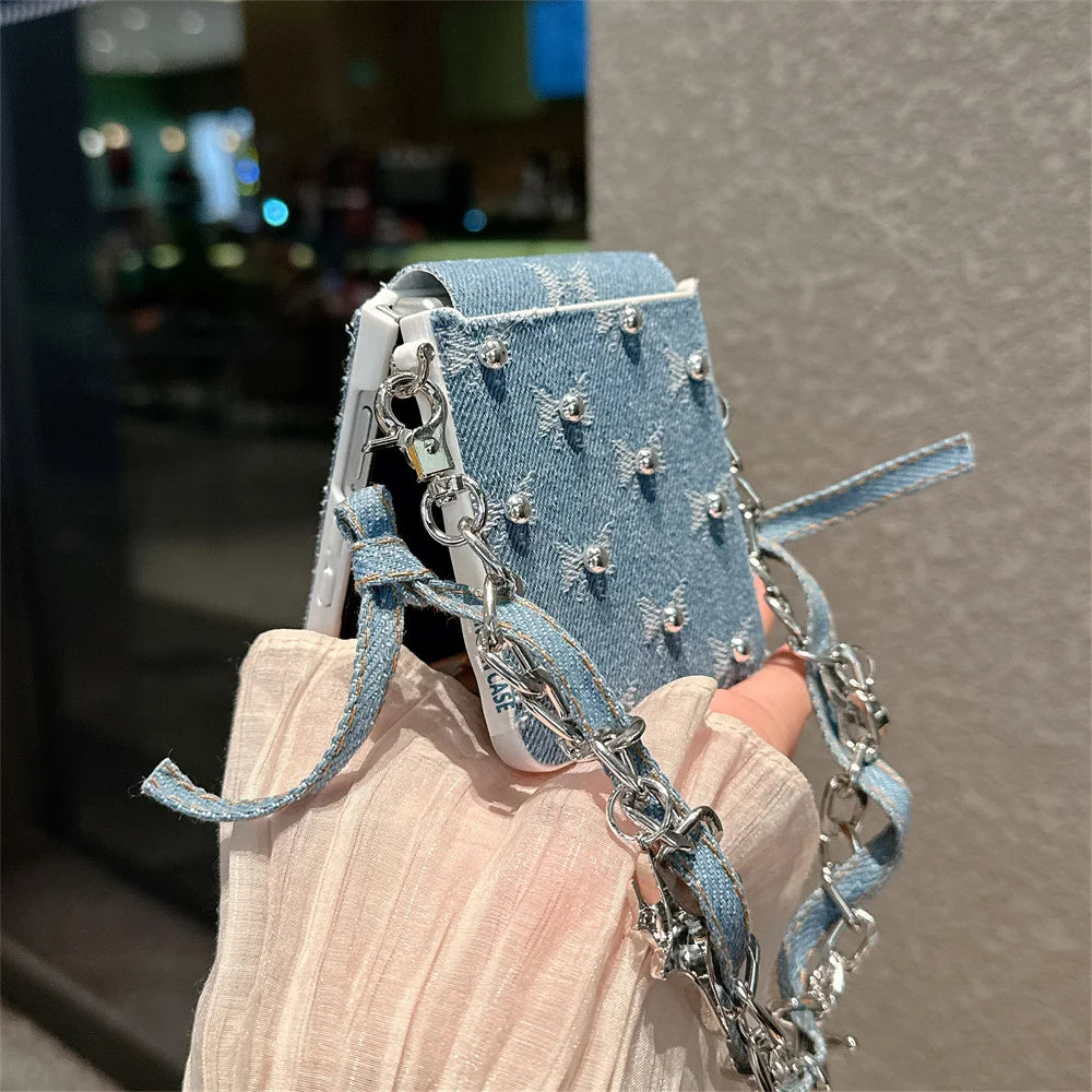 Fashion Denim embroidered bow phone case for Samsung Z Flip 7 Case Galaxy Z Flip 5 6 flip 6 cover hand strap cute Fundas Cases