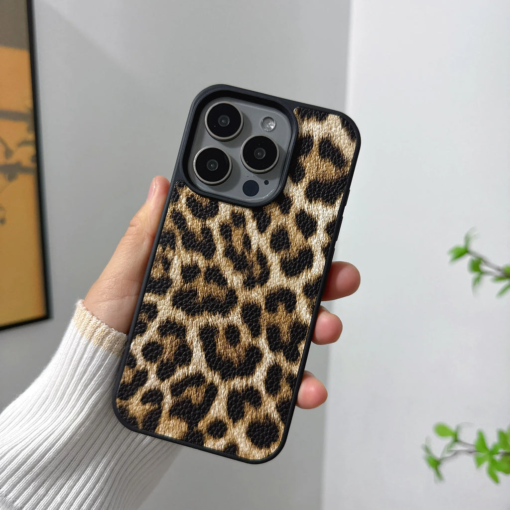 Luxury leopard print pattern PU leather Case for iPhone 16 15 14 Phone Cover 15 14 13 12 11 Pro MAX Hard Shockproof Back Funda