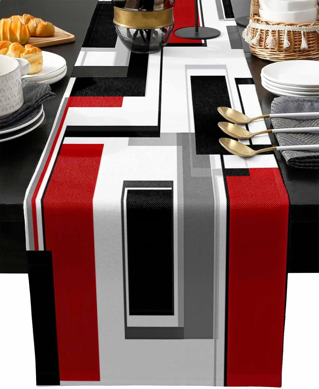Red Black Boho Color Block Linen Table Runner Holiday Party Decor Geometric Abstract Table Runners Kitchen Dining Table Decor