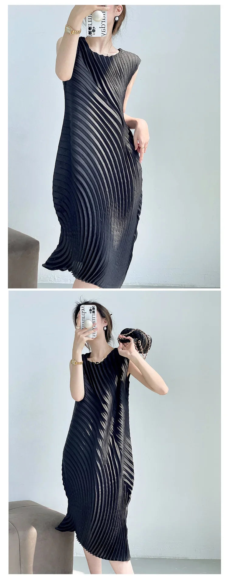 Miyake Hand Circle Pleated Sleeveless Dress Designer Long Round Neck Elegant Loose Summer Korean Style Aesthetic Clothes