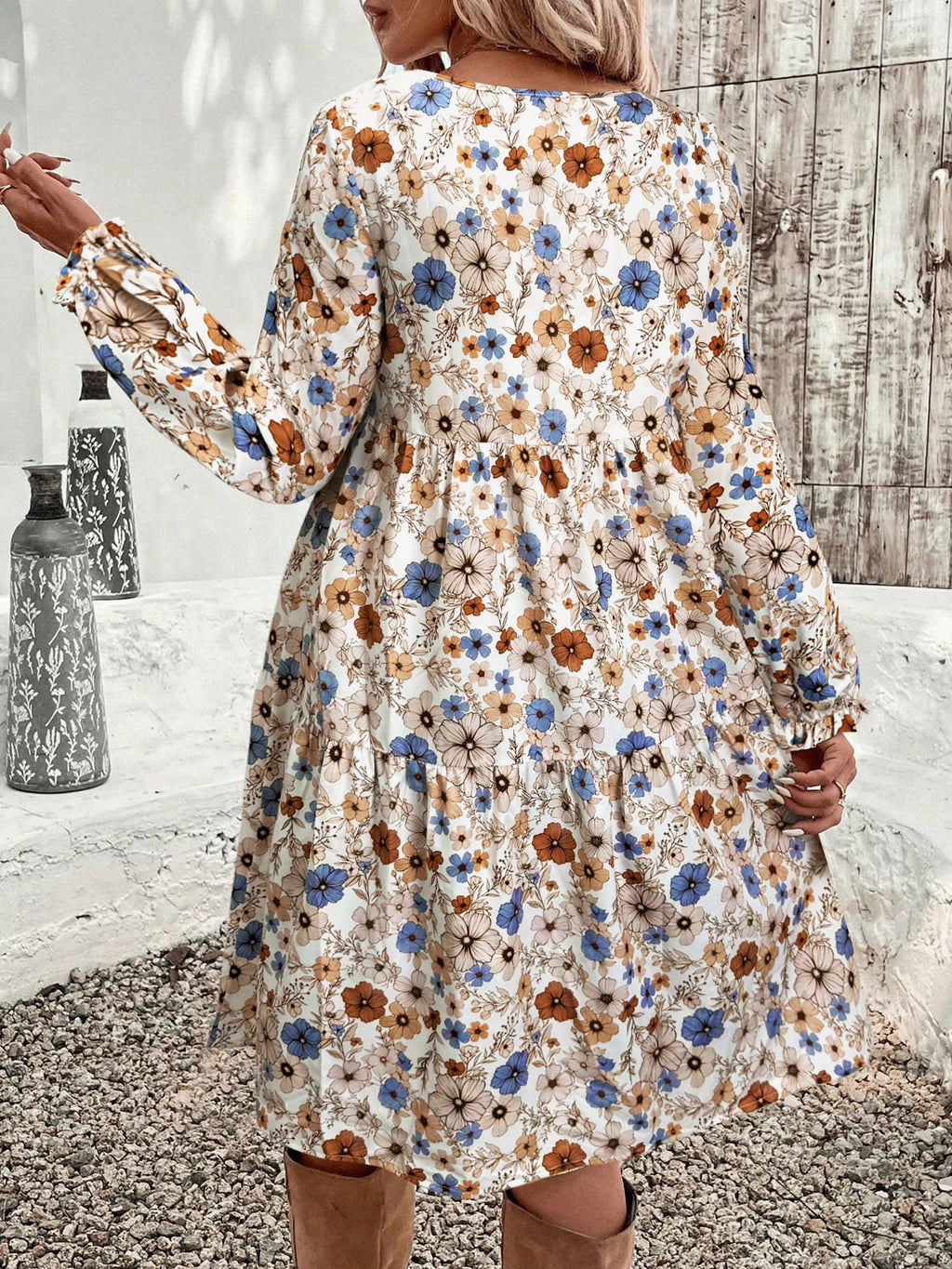 Women's Floral Print Tie Neck Flounce Sleeve Dress, Elegant Fashion Casual Dress for Daily Outdoor Wear, Women Dress for Spring