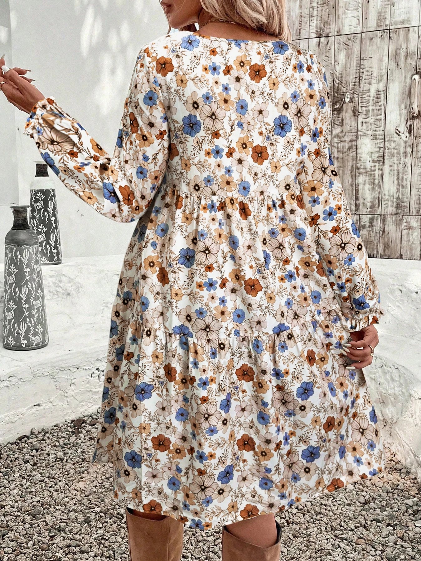 Women's Floral Print Tie Neck Flounce Sleeve Dress, Elegant Fashion Casual Dress for Daily Outdoor Wear, Women Dress for Spring