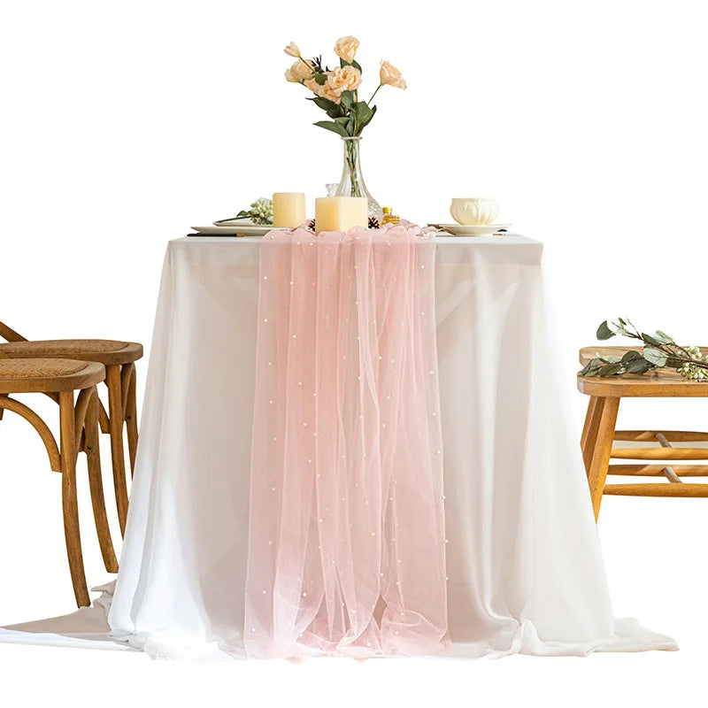 Pink Gauze Table Runner Romantic Pearl Mesh Tablecloth Wedding Dinning Table Cover Decoration Birthday Baby Shower Party Decor