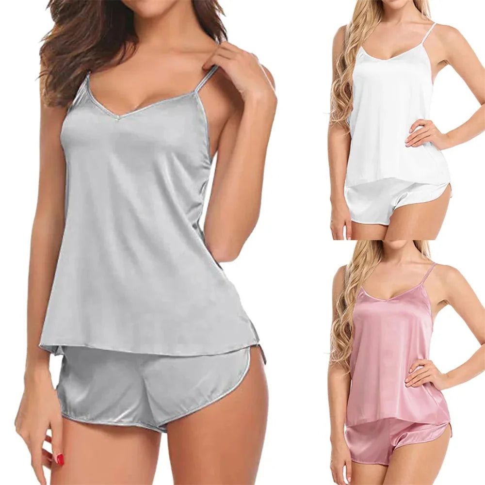 New Women Pajamas Lingerie Set Satin Silk Camisole Shorts Sets 2 Pieces Sleepwear Top And Shorts Nightwear Suits Sleeveless Tops