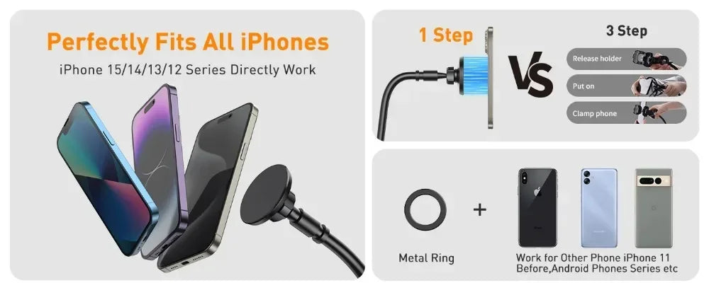 Magnetic Mobile Phone Stand Gooseneck Office Home 360° Rotation Bed Table Foldable Holder with Metal Rings for iPhone 16 15 14