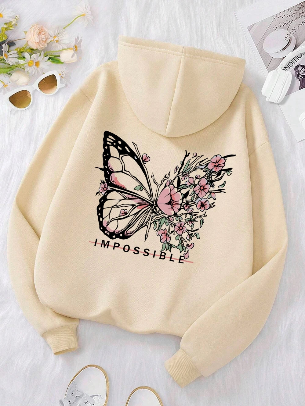 Rose Butterfly Impossible Letter Graphic Print Women Sweatshirt Fashion Warm Hooded Loose Casual Hoodies Fleece Soft Clothing