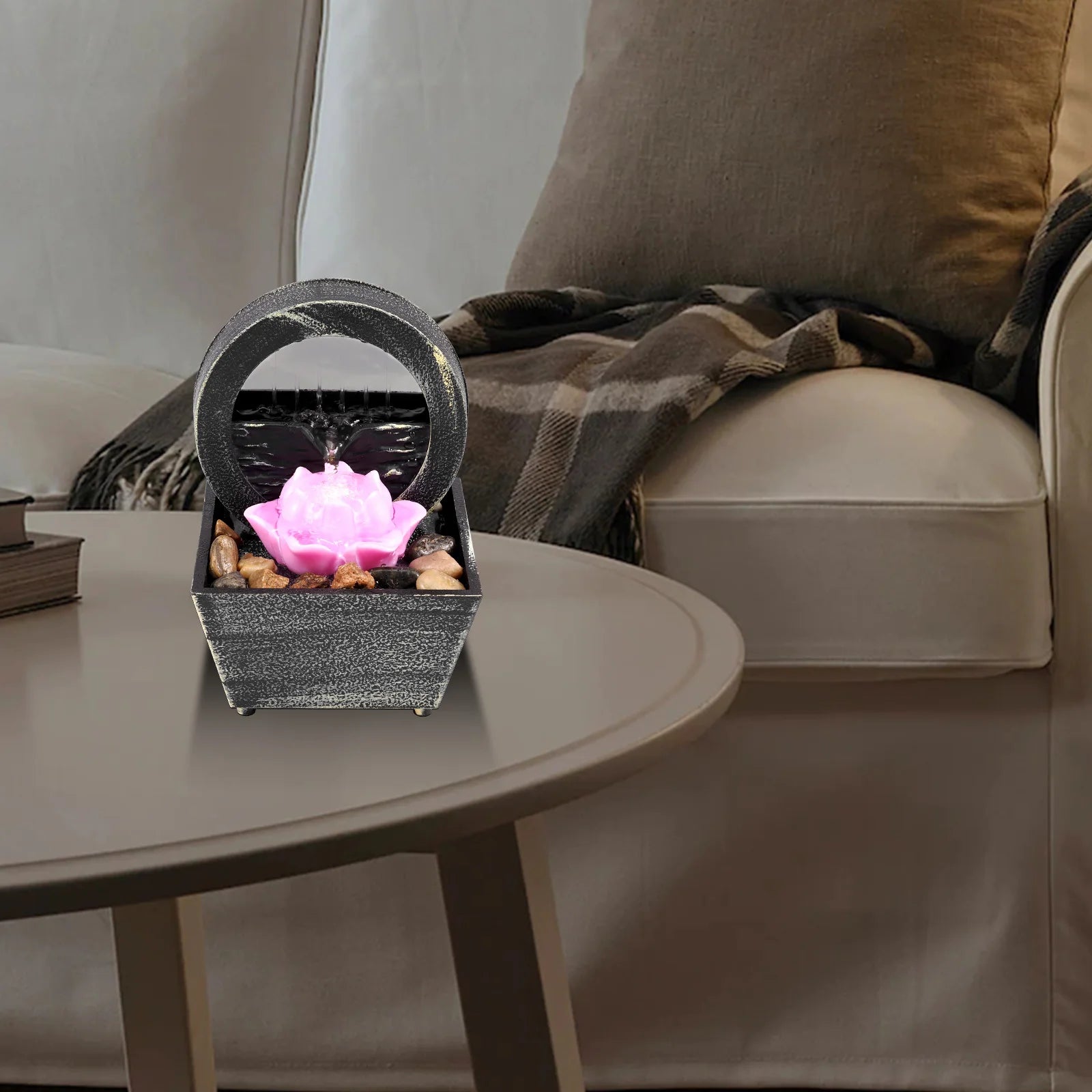 Tabletop Fountain with Light Battery/USB Operated Mini Desktop Waterfall Decoration Creative Flowing Water Fountain Ornaments