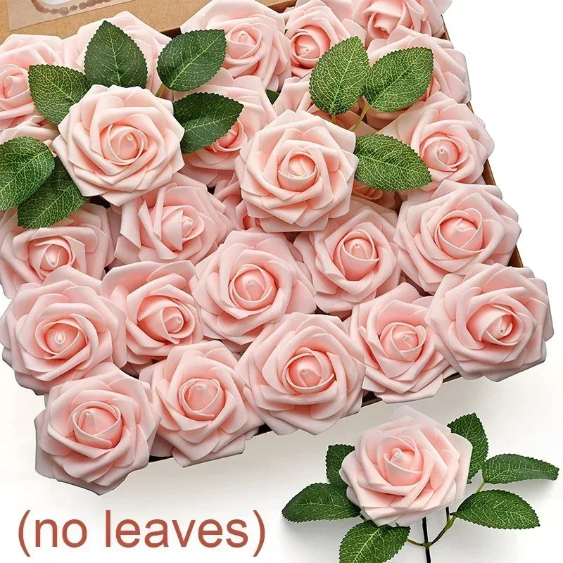 50/5Pcs Artificial Roses Flowers Foam Fake Rose Heads With Stems For DIY Wedding Bouquets Home Party Tables Decorations Supplies